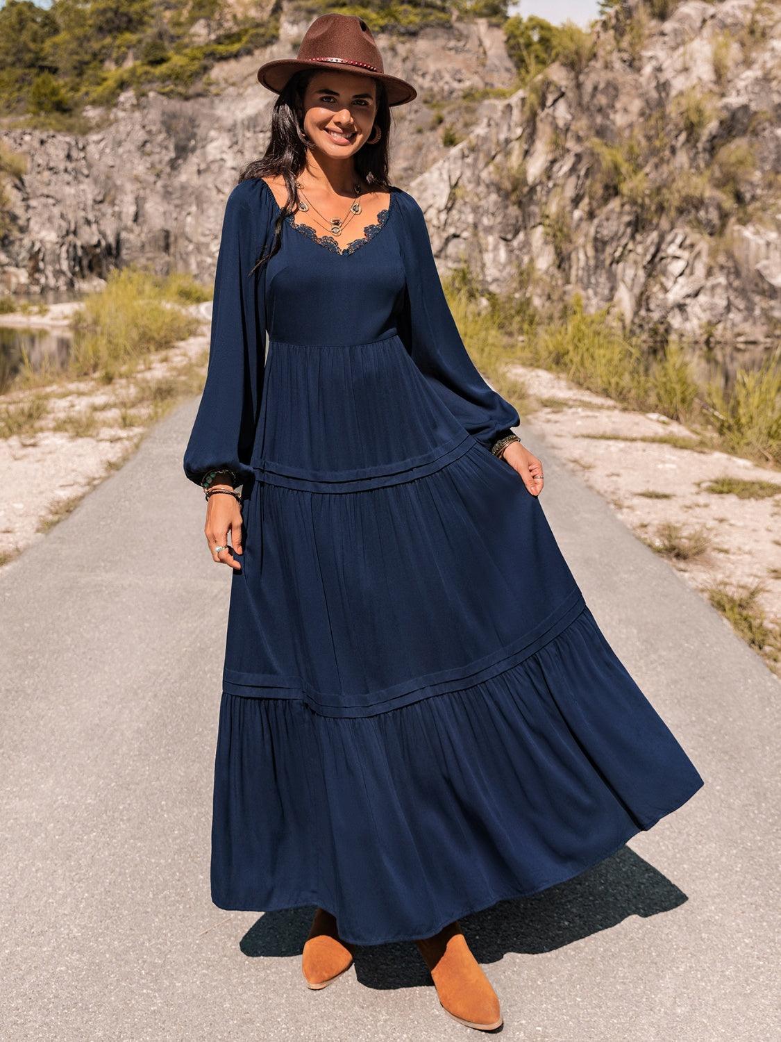Long Sleeve Lace Trim Maxi Dress Carauana Store