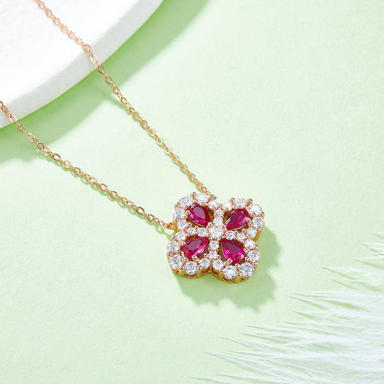 Lab-Grown Ruby 925 Sterling Silver Flower Shape Necklace Carauana Store