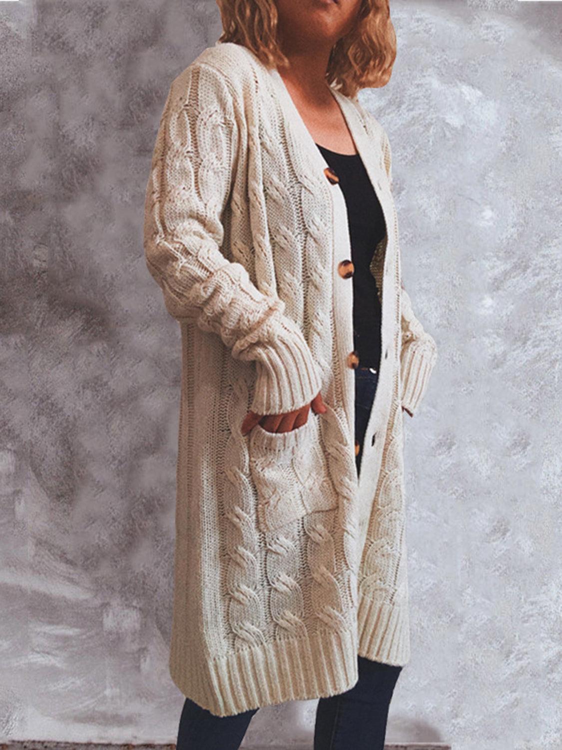 Button Up Cable-Knit Cardigan with Pockets Carauana Store