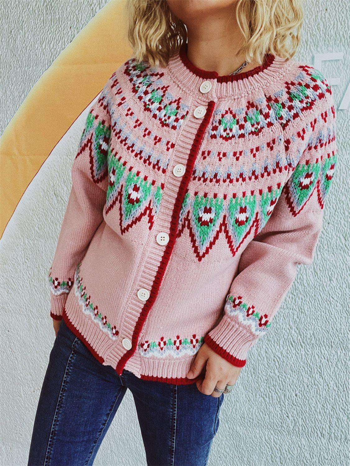 Contrast Geometric Round Neck Long Sleeve Cardigan Carauana Store