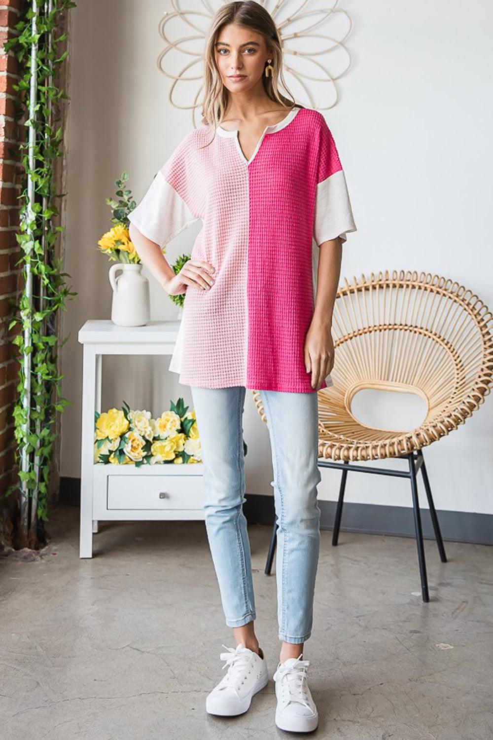 Heimish Full Size Contrast Waffle-Knit Half Sleeve Blouse Carauana Store