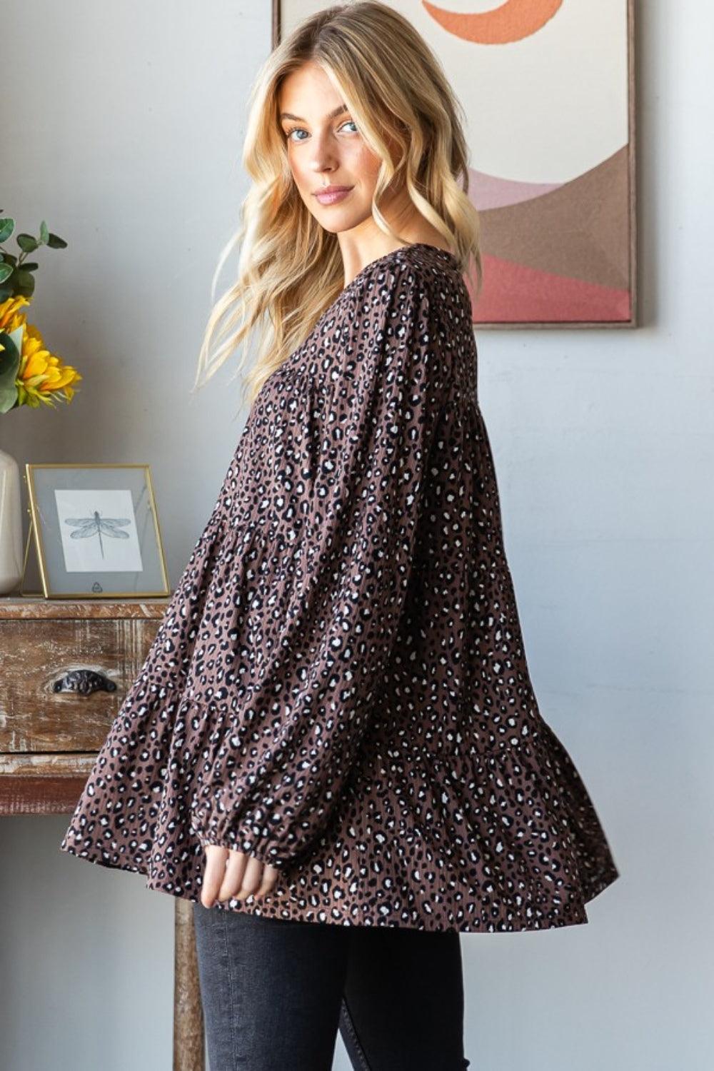 Heimish Leopard Long Sleeve Tiered Blouse Carauana Store