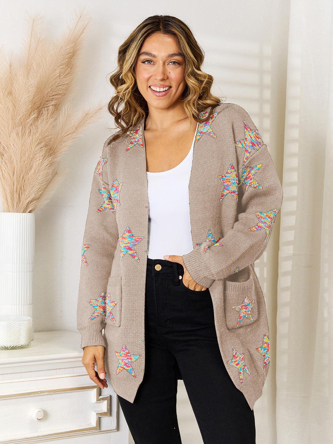 Angel Wings Star Pattern Open Front Cardigan with Pockets Carauana Store