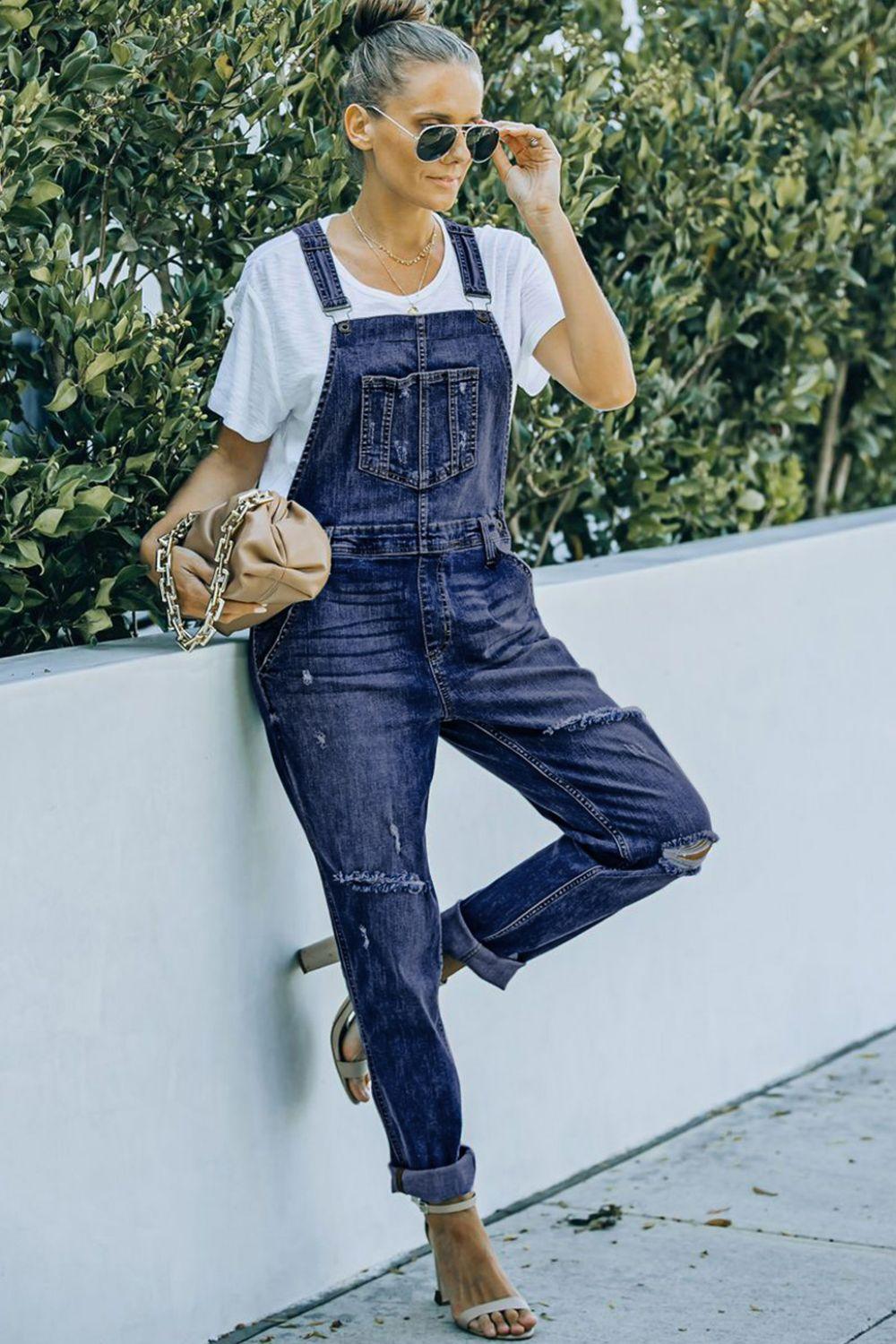 Pocketed Distressed Denim Overalls Carauana Store
