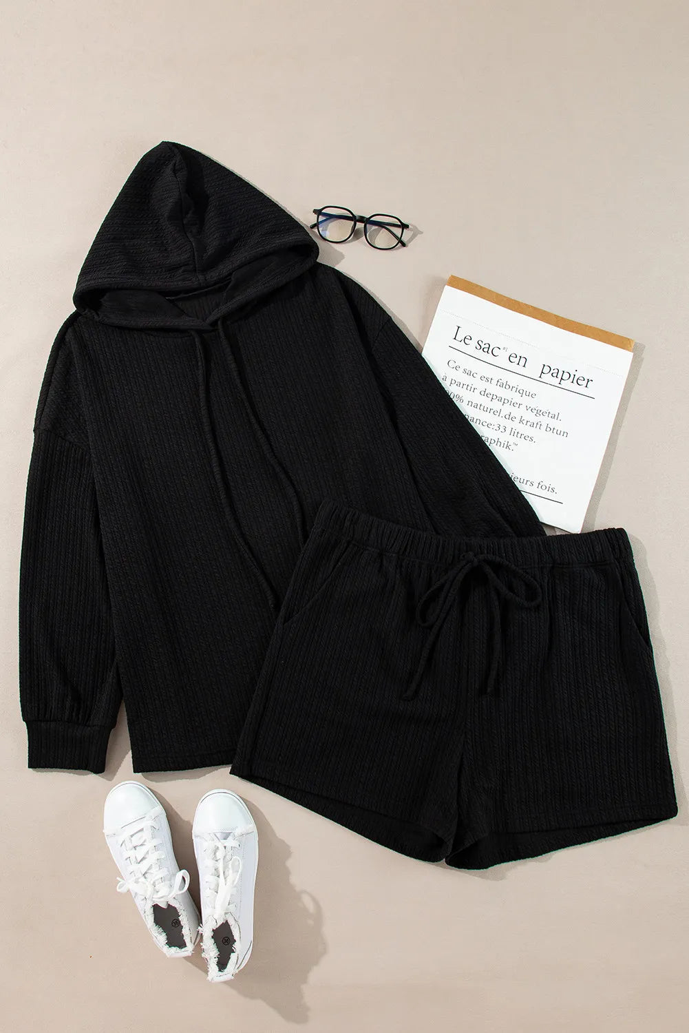 Plus Size Drawstring Dropped Shoulder Hoodie and Shorts Set Carauana Store