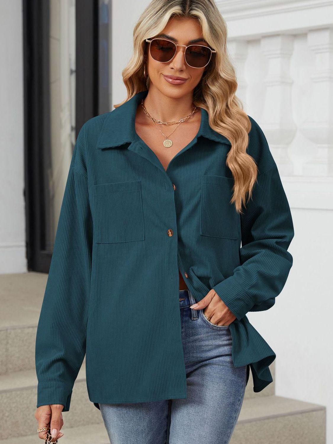 Button Up Dropped Shoulder Long Sleeve Outerwear Carauana Store
