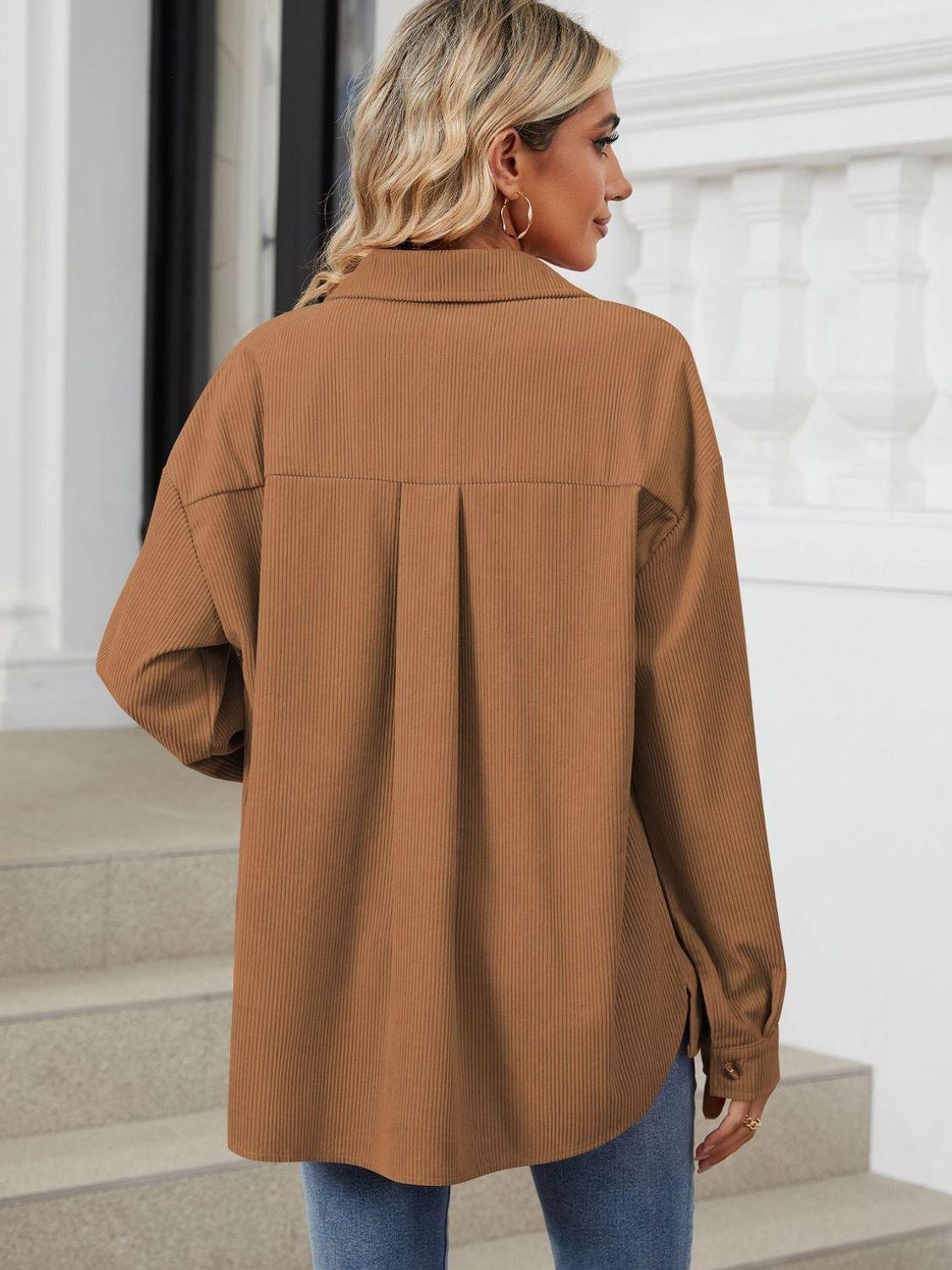 Button Up Dropped Shoulder Long Sleeve Outerwear Carauana Store