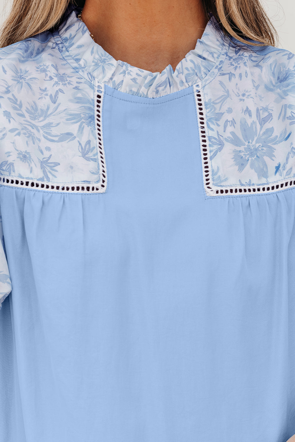 Beau Blue Lace Insert Floral Puff Sleeve Patchwork Loose Blouse