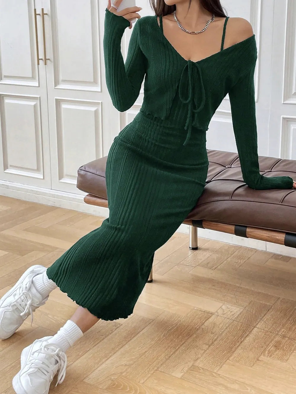 Cami Dress and Tied Long Sleeve Cardigan Set Carauana Store