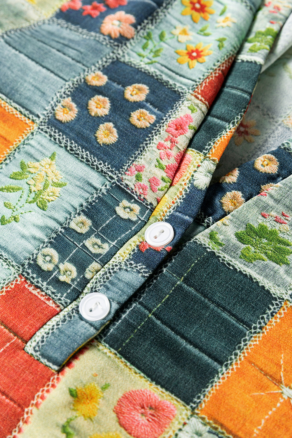 Sky Blue Fall Floral Half Placket Collared V Neck Blouse