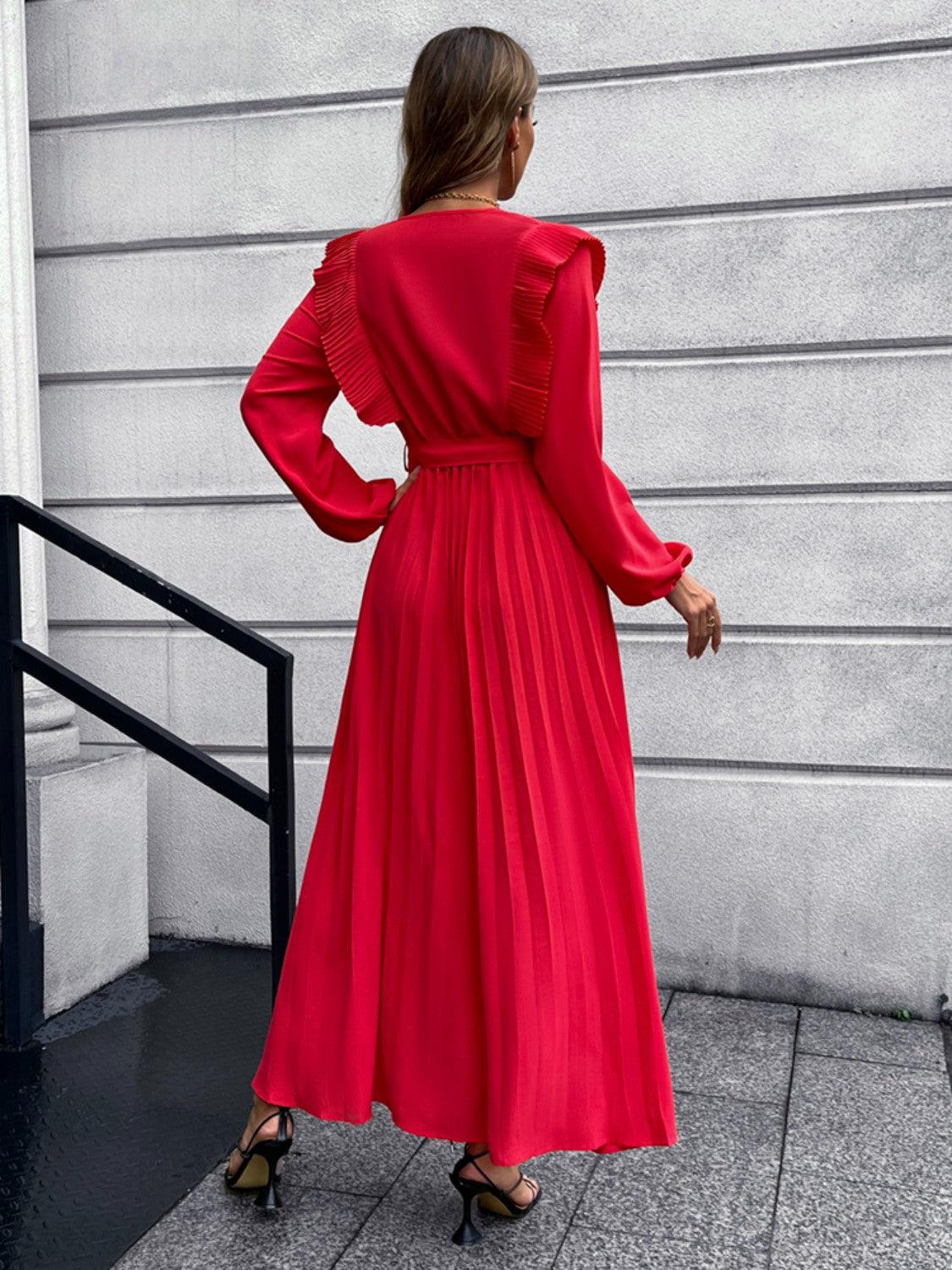 Pleated Surplice Tie Waist Maxi Dress Carauana Store