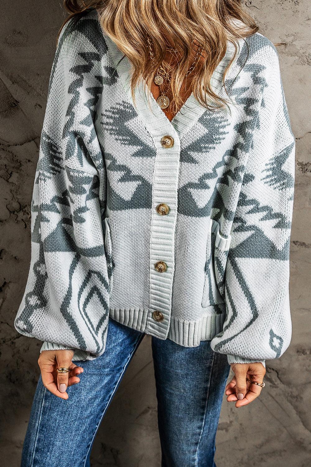 Printed Button Up V-Neck Long Sleeve Cardigan Carauana Store
