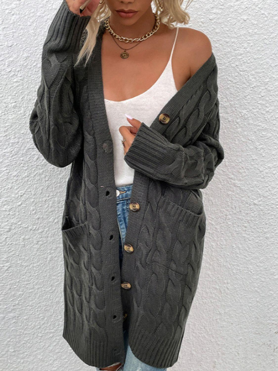 Cable-Knit Button Down Cardigan with Pockets Carauana Store
