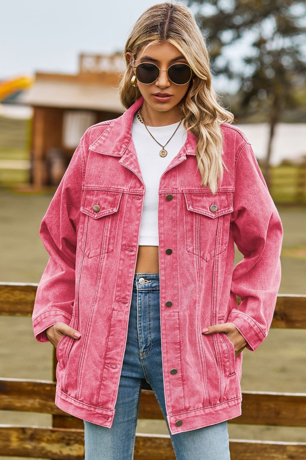 Buttoned Collared Neck Denim Jacket with Pockets Carauana Store