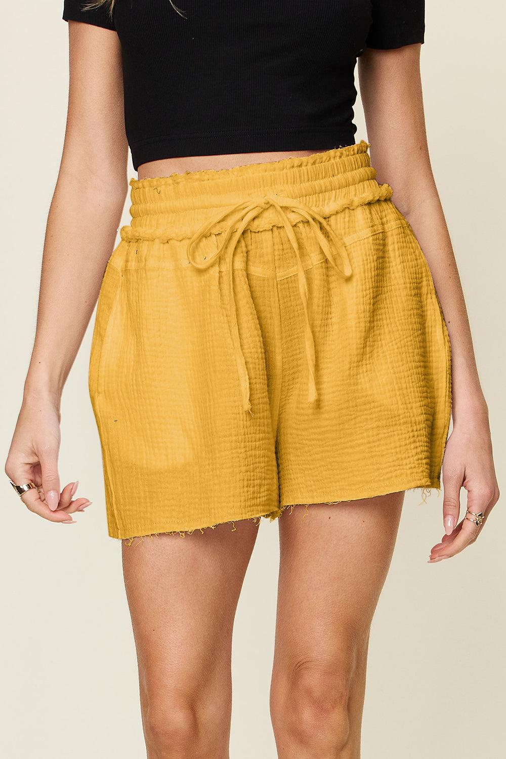 Double Take Full Size Texture Raw Trim Drawstring Shorts Carauana Store
