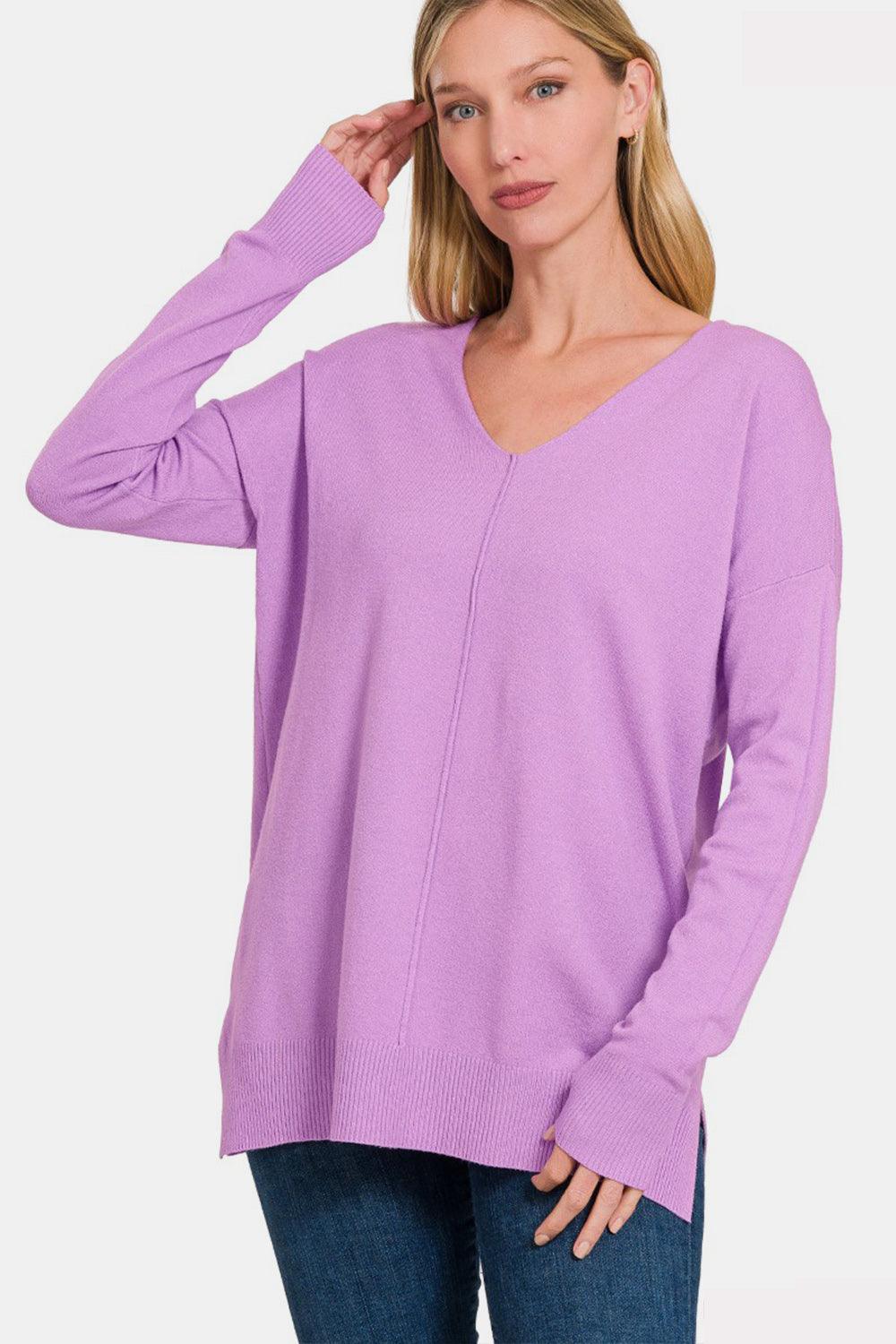 Zenana Slit V-Neck Dropped Shoulder Sweater Carauana Store