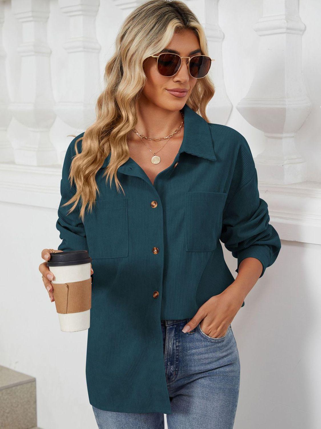 Button Up Dropped Shoulder Long Sleeve Outerwear Carauana Store