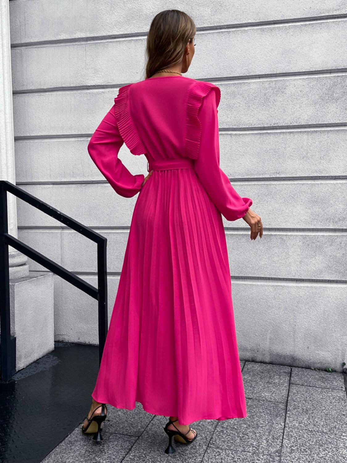 Pleated Surplice Tie Waist Maxi Dress Carauana Store
