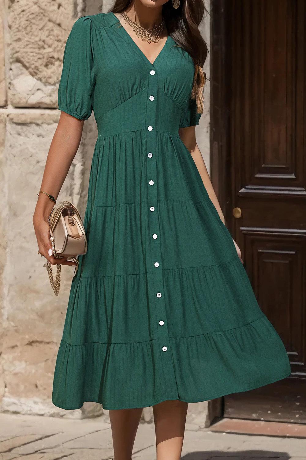 V-Neck Button Up Balloon Sleeve Midi Dress Carauana Store