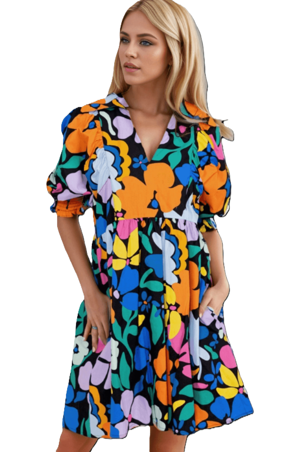 Printed Johnny Collar Half Sleeve Mini Dress Carauana Store