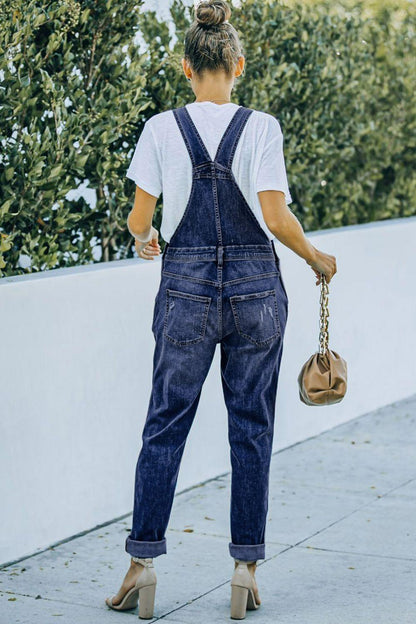 Pocketed Distressed Denim Overalls Carauana Store
