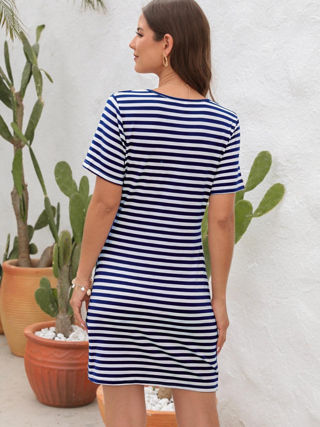 Cutout Striped Round Neck Short Sleeve Dress Carauana Store