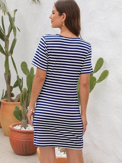 Cutout Striped Round Neck Short Sleeve Dress Carauana Store