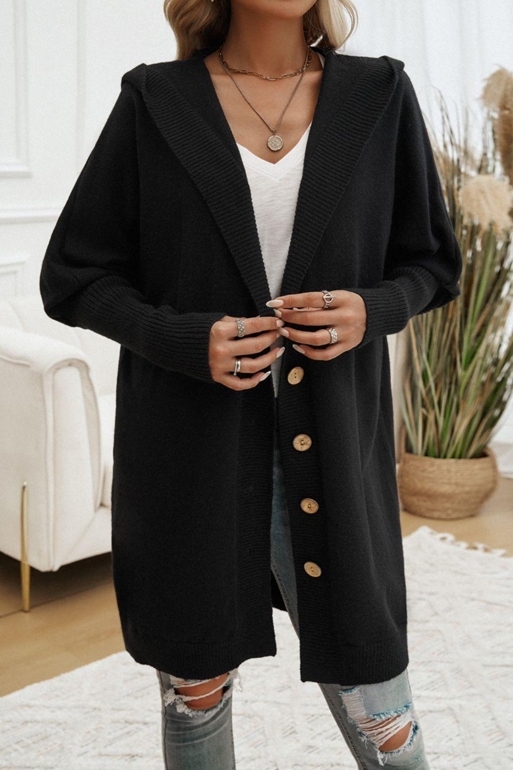 Devine Button Up Long Sleeve Hooded Cardigan Carauana Store