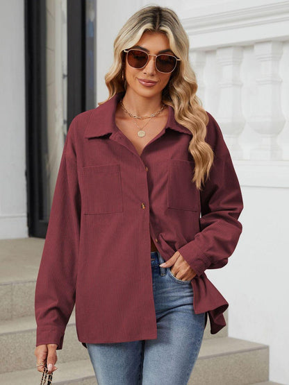 Button Up Dropped Shoulder Long Sleeve Outerwear Carauana Store