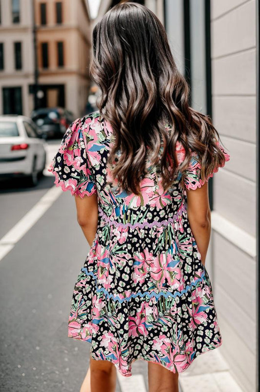 Printed Ruffle Hem Short Sleeve Mini Dress Carauana Store