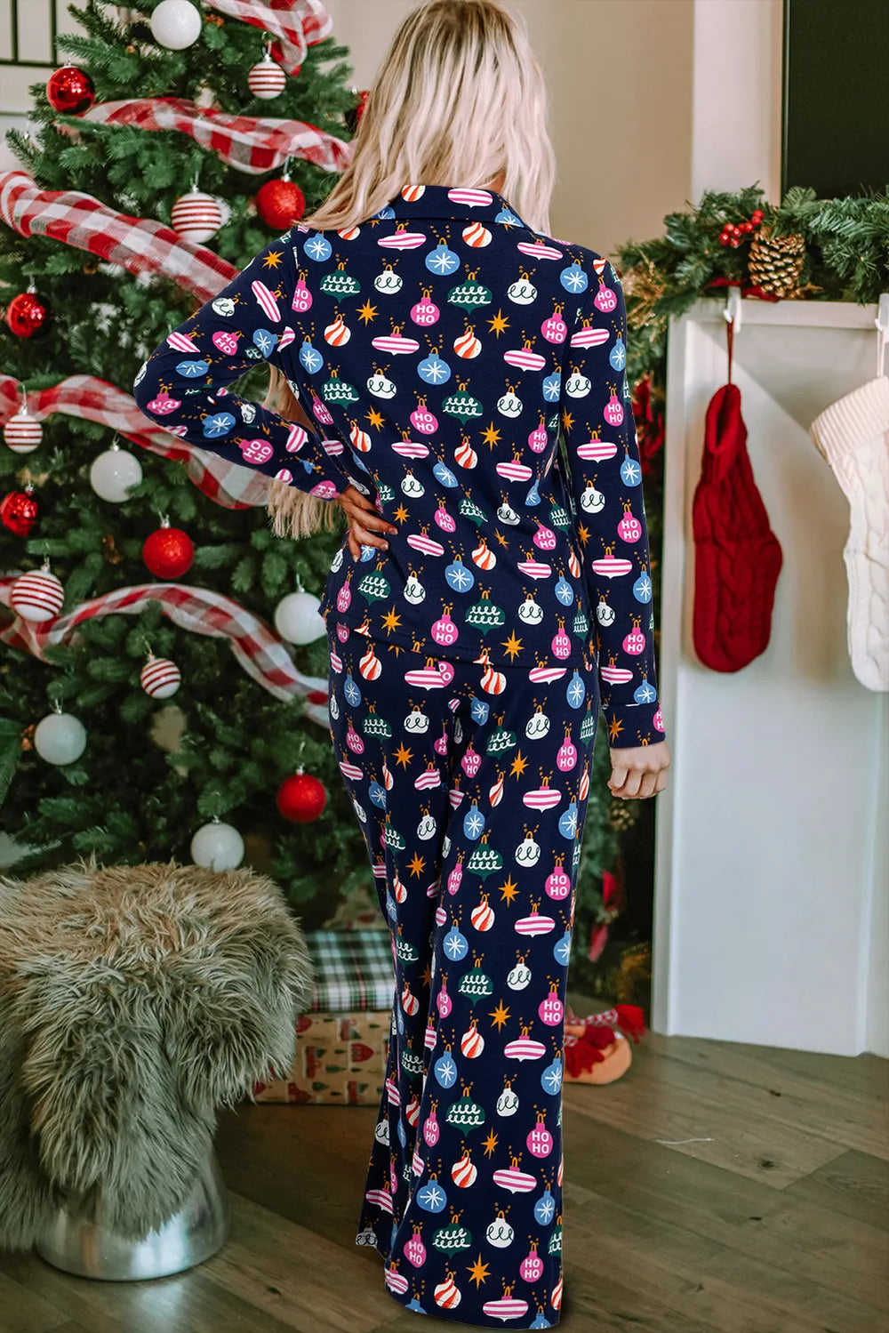 Christmas Lights Print Collared Neck Top and Pants Set Carauana Store
