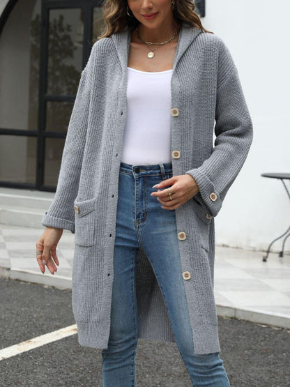 Pocketed Button Up Long Sleeve Hooded Cardigan Carauana Store