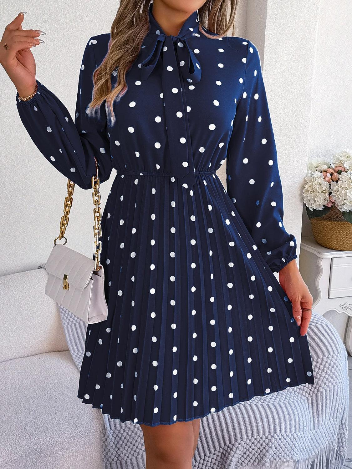Polka Dot Tie Neck Pleated Dress Carauana Store