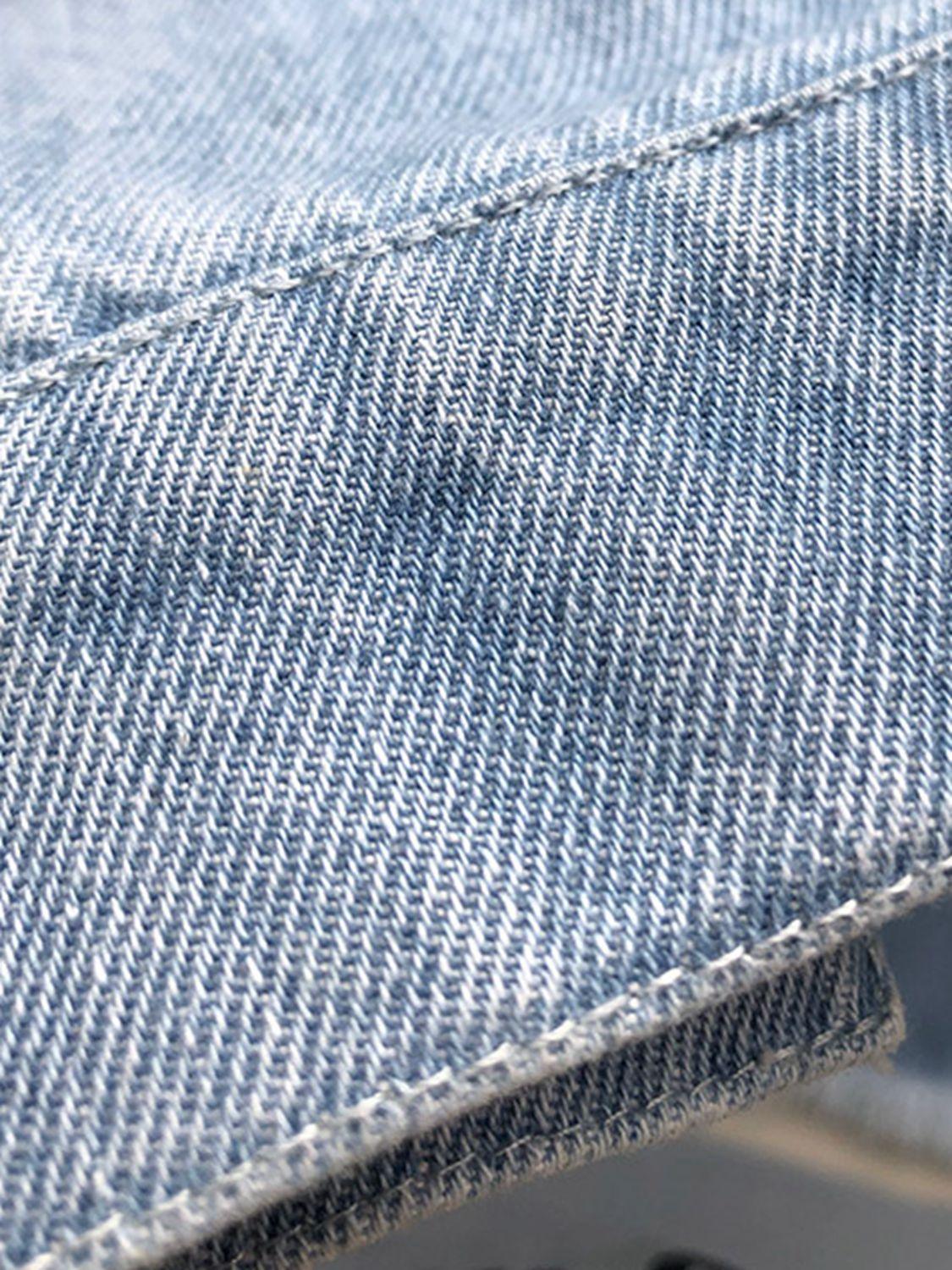 Raw Hem Collared Neck Long Sleeve Denim Jacket Carauana Store