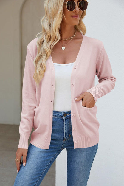 Pocketed V-Neck Button Up Long Sleeve Cardigan Carauana Store