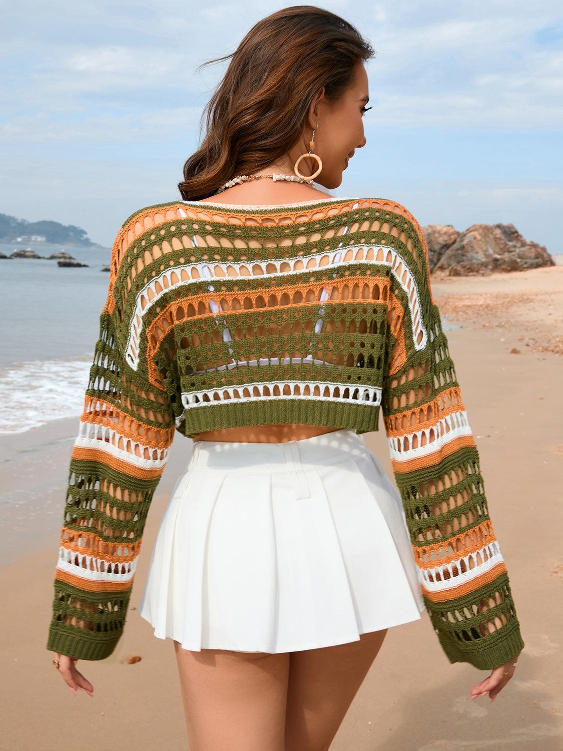 Openwork Boat Neck Dropped Shoulder Cover-Up Carauana Store