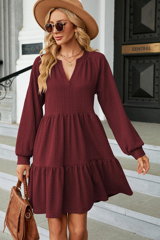 Ruched Notched Long Sleeve Mini Dress Carauana Store