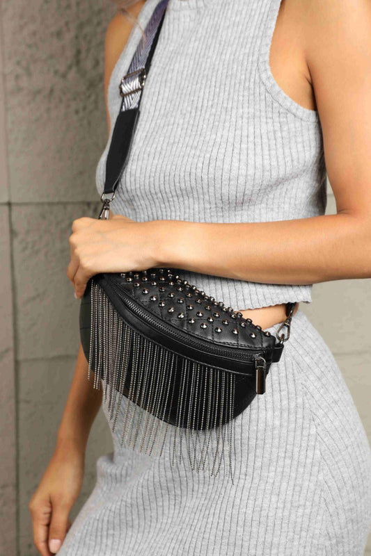 Adored PU Leather Studded Sling Bag with Fringes Carauana Store