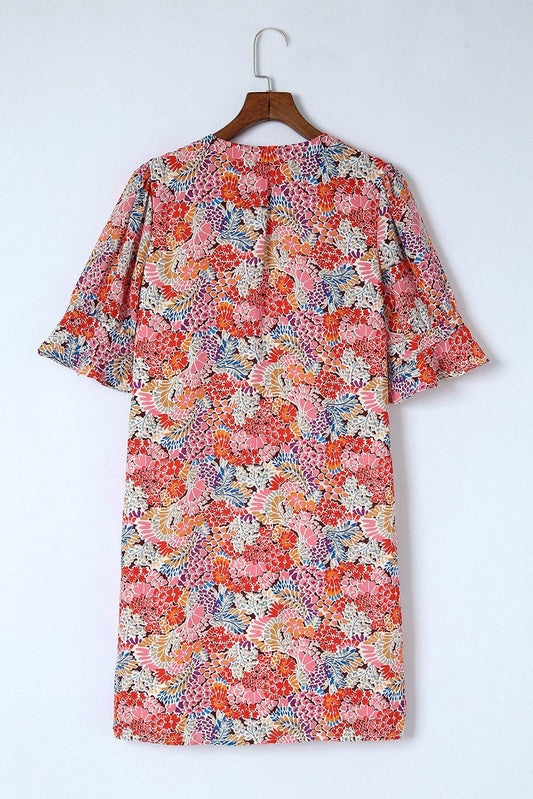 Floral Notched Neck Flounce Sleeve Shift Dress Carauana Store
