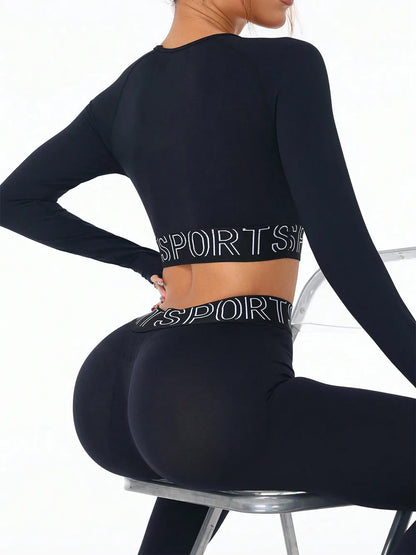 Letter Print Round Neck Long Sleeve Top and Leggings Active Set Carauana Store