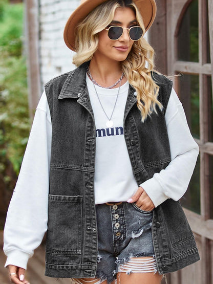 Button Front Sleeveless Denim Jacket Carauana Store