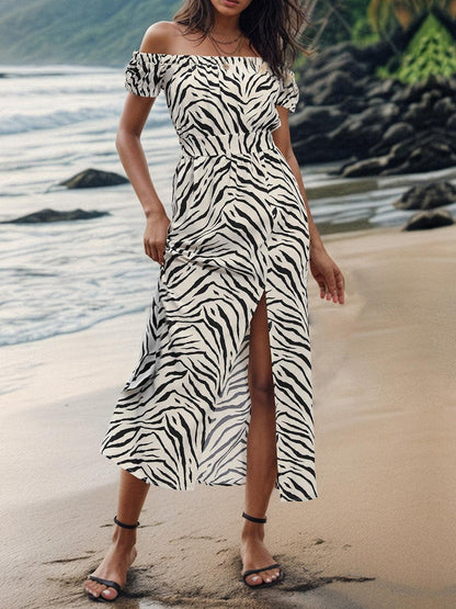 Slit Animal Print Off-Shoulder Midi Dress Carauana Store