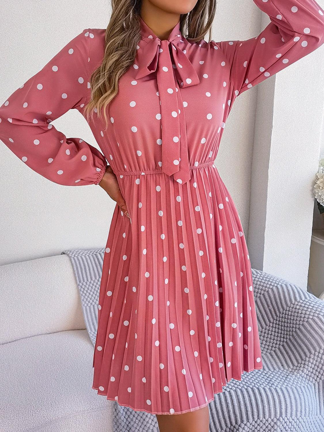 Polka Dot Tie Neck Pleated Dress Carauana Store