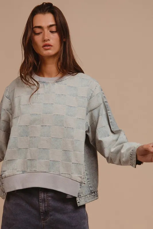 BiBi Mineral Washed Checkered Round Neck Denim Top Carauana Store
