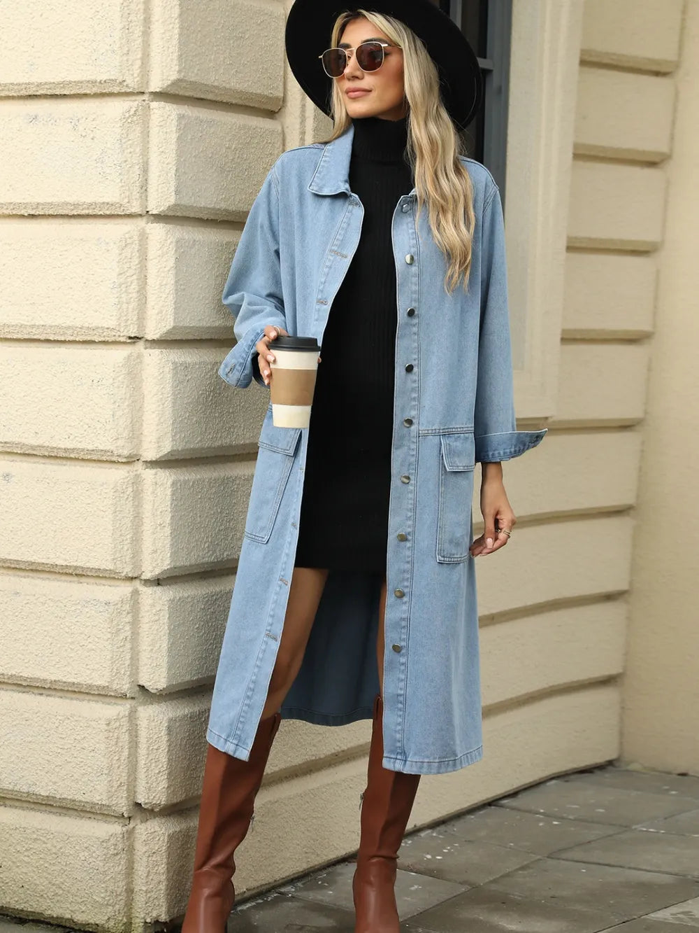 Pocketed Button Down Collared Neck Denim Jacket Carauana Store