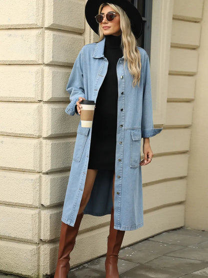 Pocketed Button Down Collared Neck Denim Jacket Carauana Store