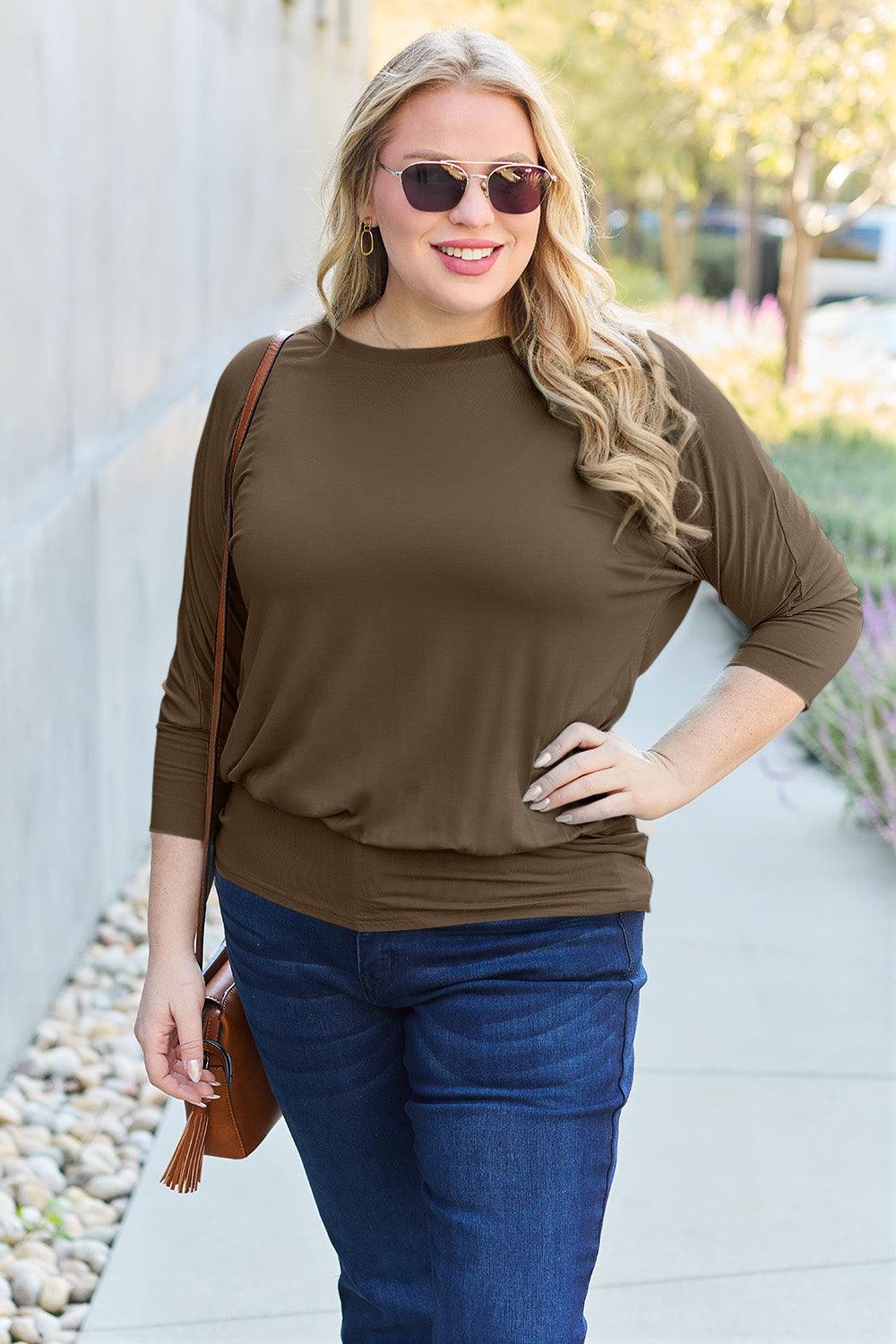 Basic Bae Full Size Round Neck Batwing Sleeve Blouse Carauana Store