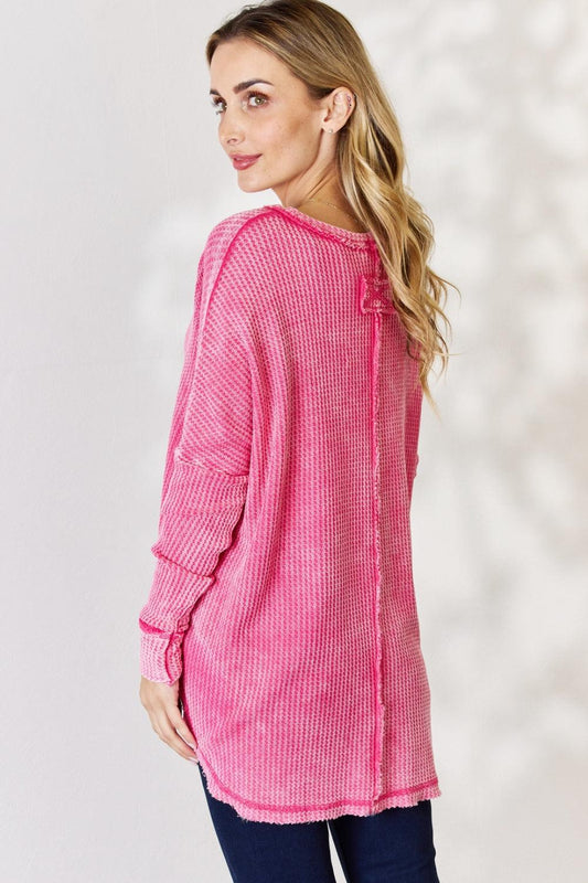Zenana Oversized Washed Waffle Long Sleeve Top Carauana Store