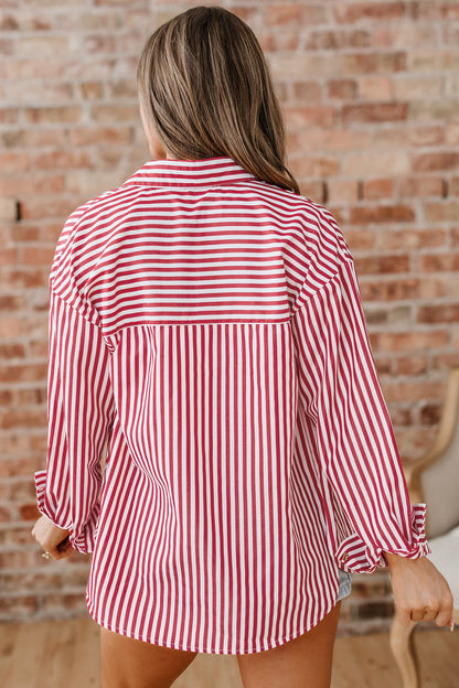 Red Stripe Patched Pocket Side Slit Loose Shirt