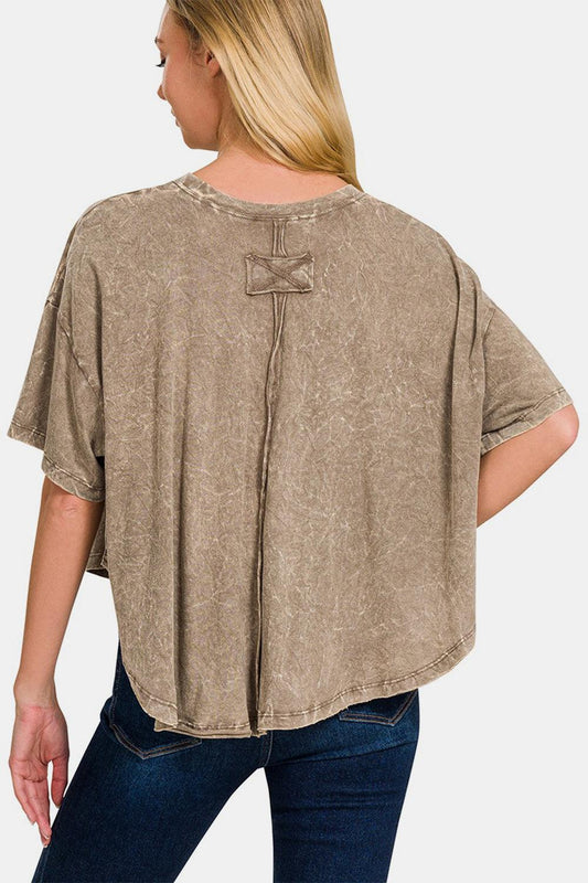 Zenana Washed Round Neck Drop Shoulder Cropped T-Shirt Carauana Store